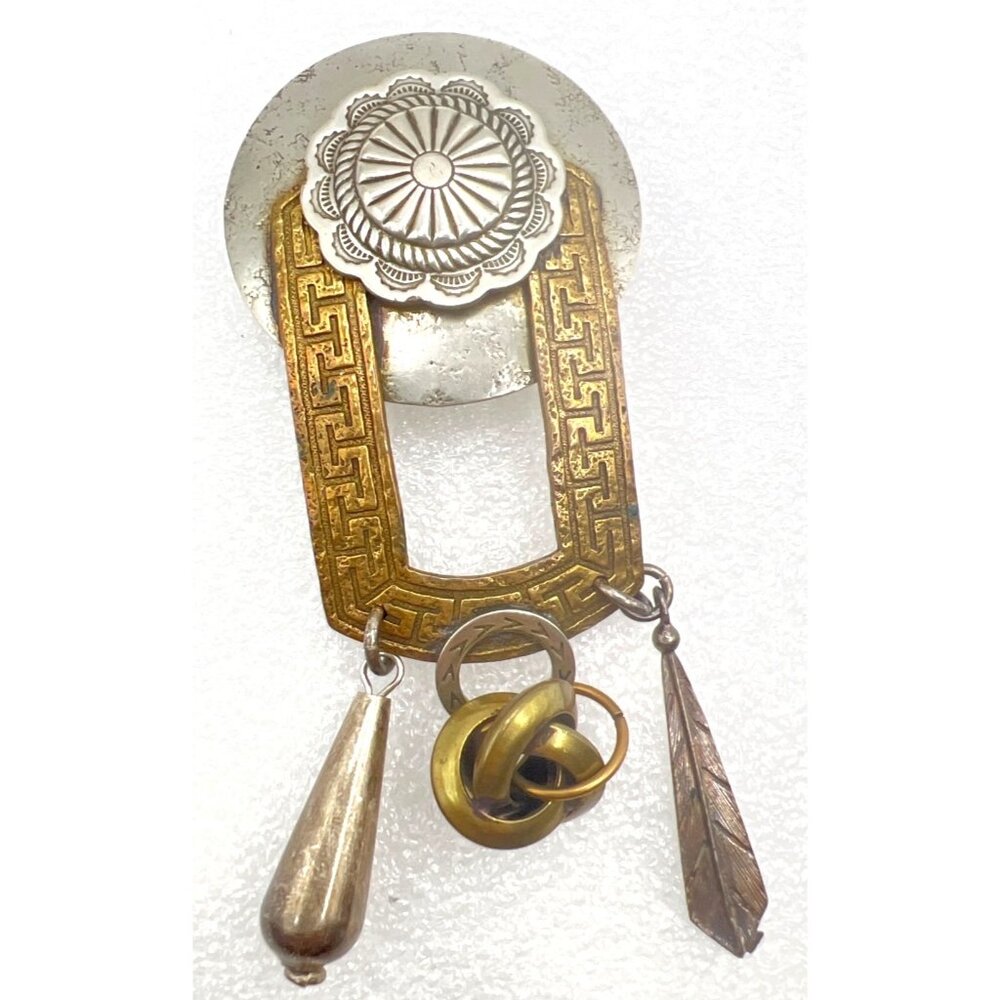 Vintage Baer SF Brooch Sterling Copper Brass Ethnic Greek Keys Kinetic Brutalist